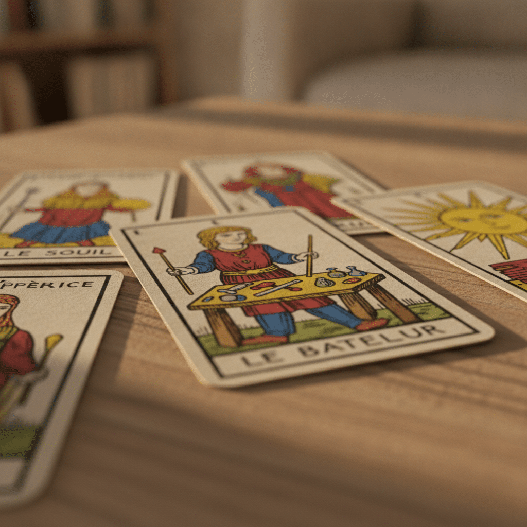 Cartes du tarot de Marseille disposées sur une table