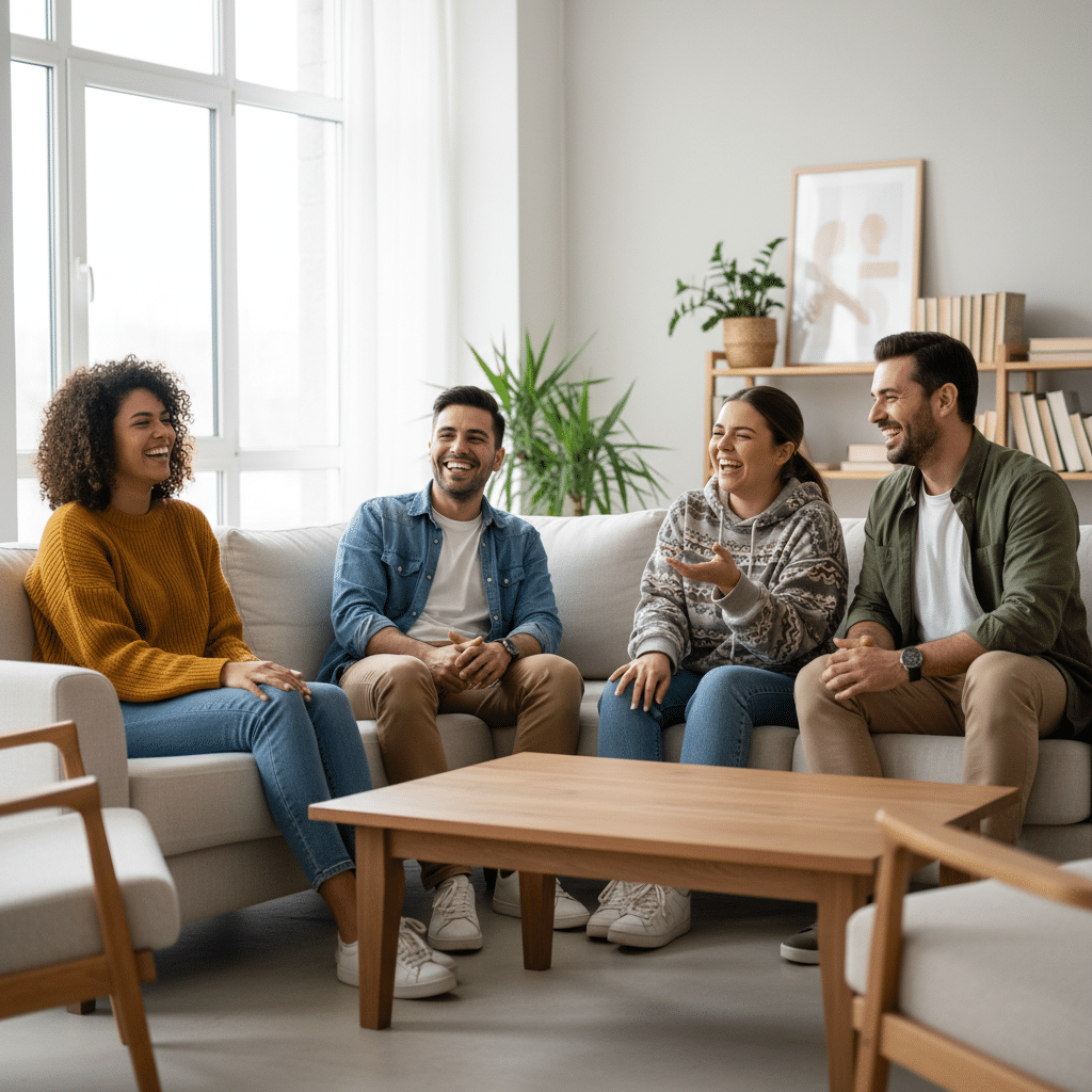 Groupe en échange joyeux