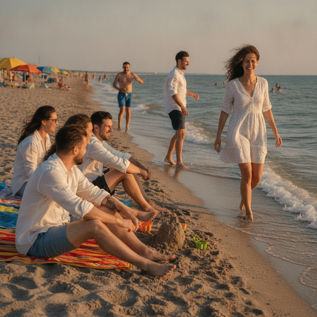 hommes et femmes en vacances à la plage