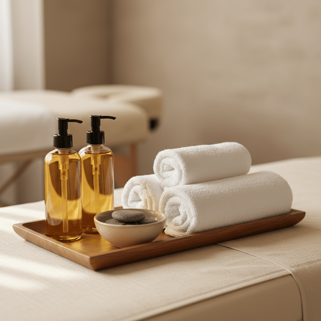 Huile et serviettes prêtes pour le massage