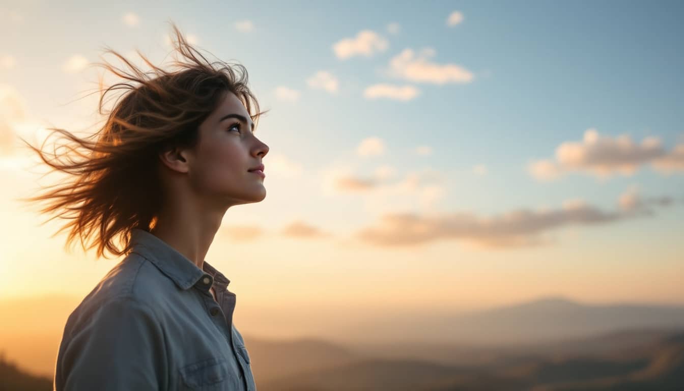 Jeune homme au sommet d'une montagne face au lever de soleil, symbolisant le changement et la transformation