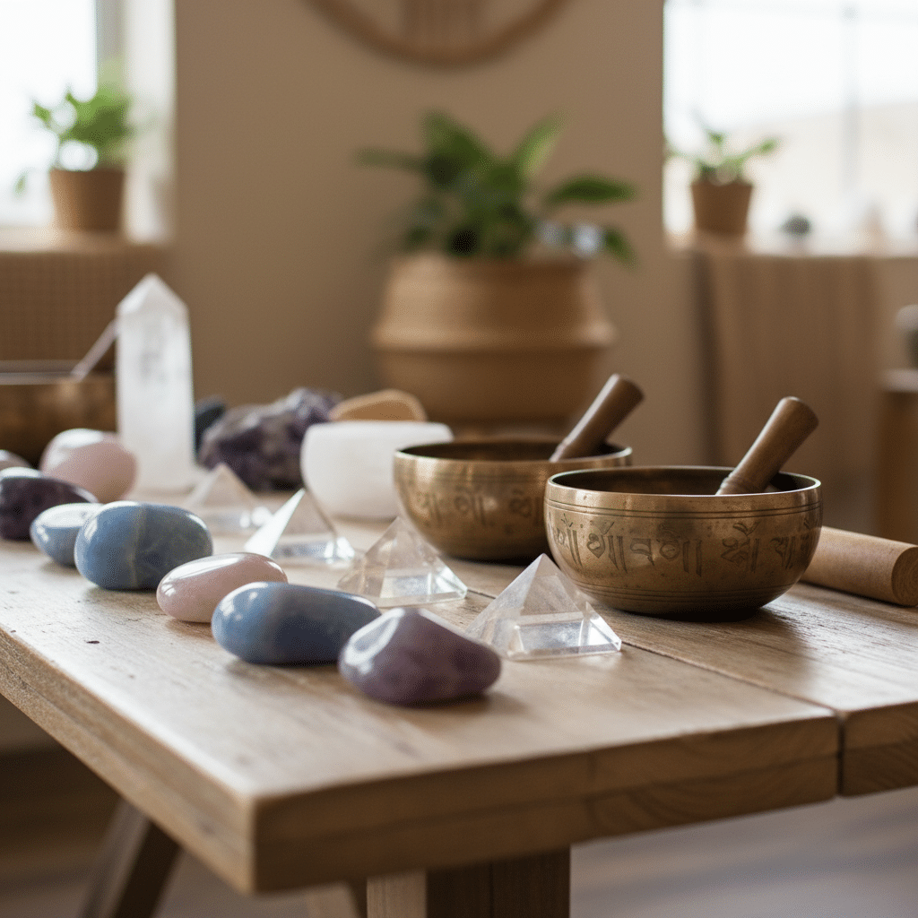 Pierres, bols tibétains et cristaux en harmonie