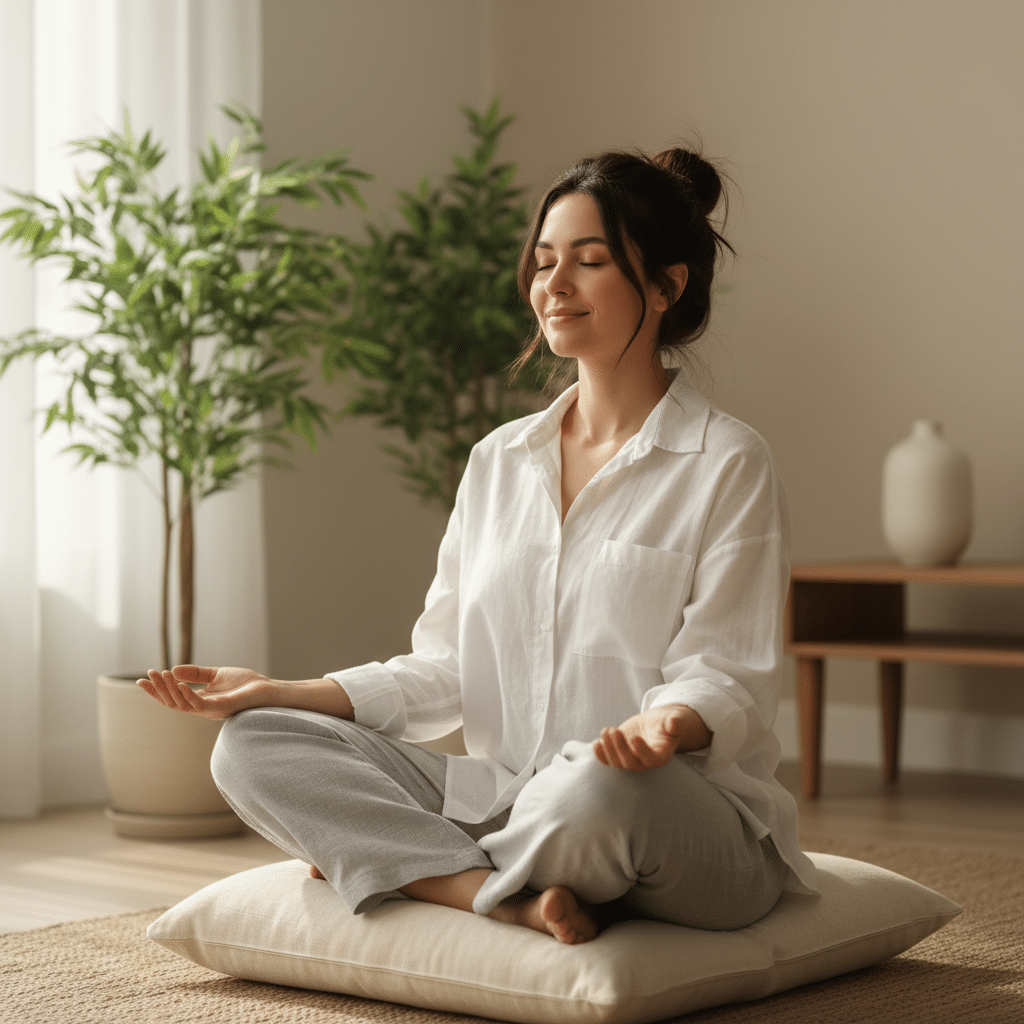 Femme sereine et joyeuse en mode zen attitude