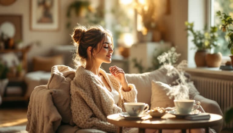 femme, salon, relaxation, thé