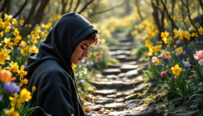 réflexion, chemin, fleurs, nature