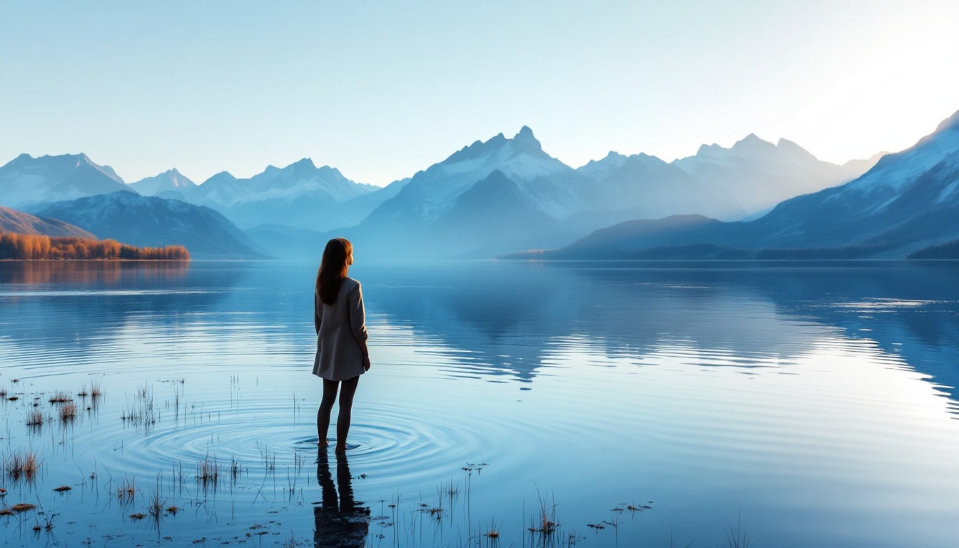 lac, lever, silhouette, montagnes